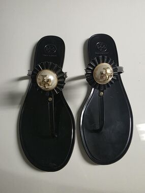 Tory Burch Black Jelly Logo Thong Sandals with Pearl Medallion